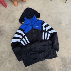Vintage Adidas Mens Windbreaker Parka Jacket Blue Black White 3 Stripe Medium